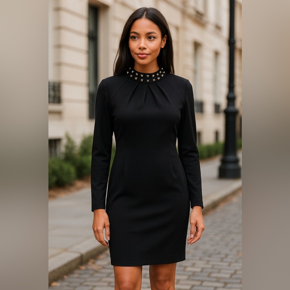 Trina Turk Black Studded Neck Long Sleeve Sheath Dress Size 8 - Picture 11 of 11